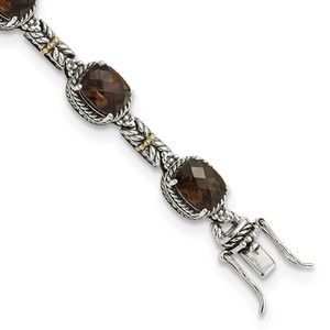 925 Sterling Silver w 14K acct 7.75 Inch Antiqued Cushion Smoky Quartz Bracelet